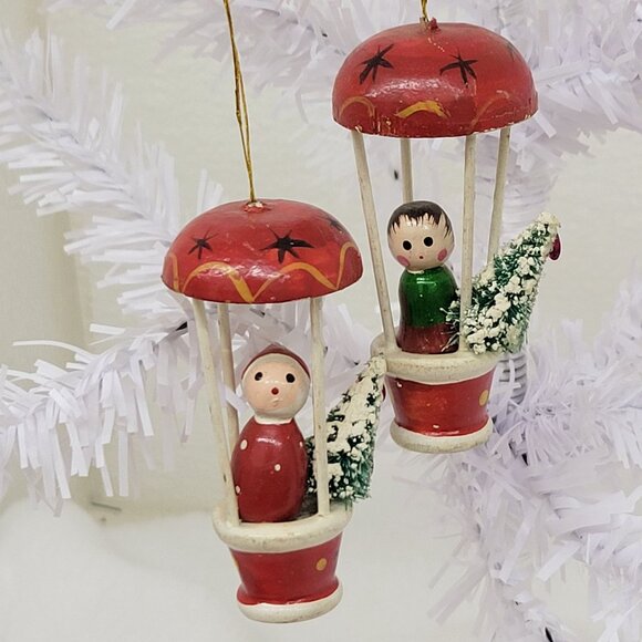 Vintage Hand Painted Wooden Hot Air Balloon with Bottle Brush Christmas Tree Orn - Picture 2 of 8